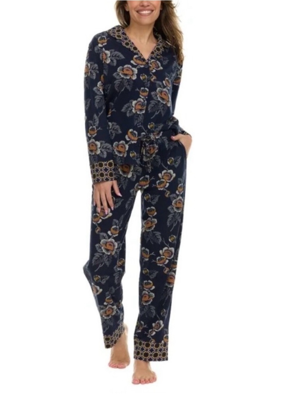 Vera Bradley Floral Cotton Pajama Set XXL Navy Button Front Top Drawstring Pants